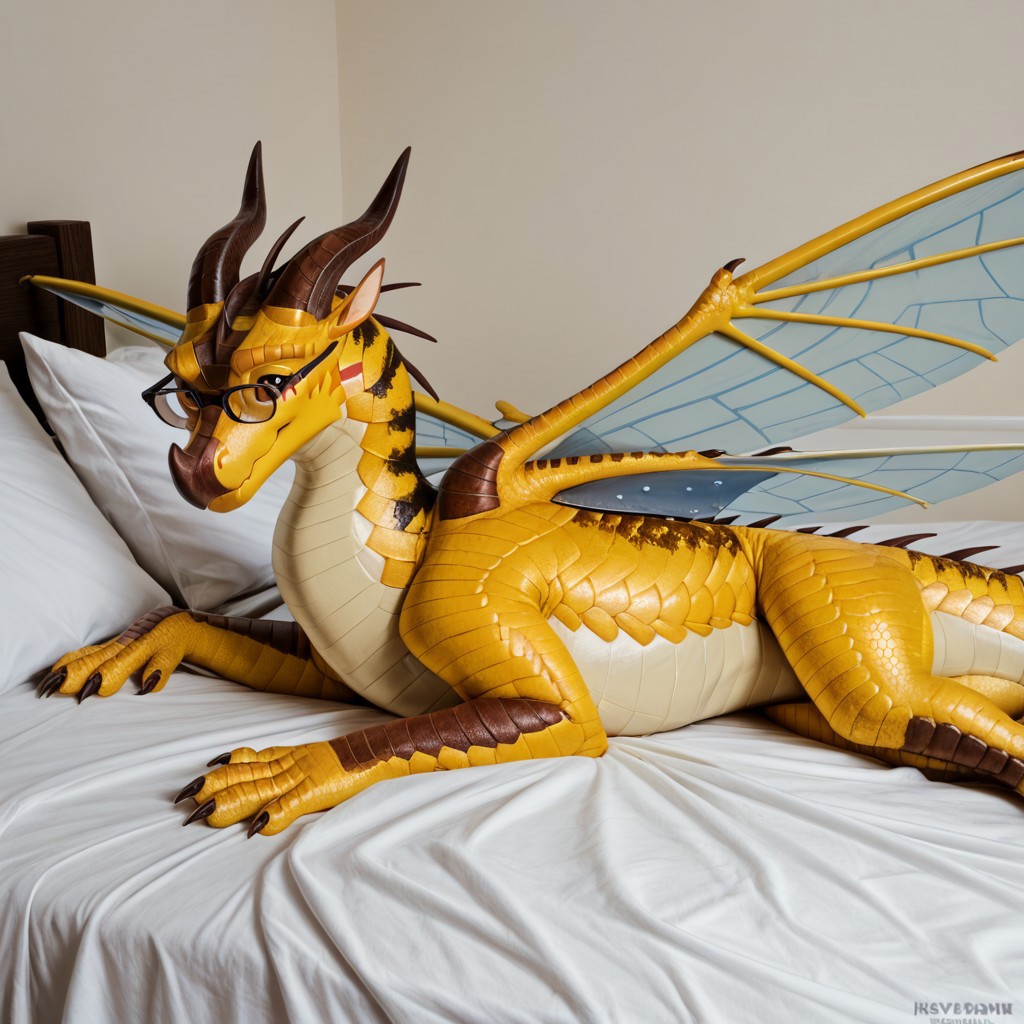 core_9, score_8_up, score_7_up, score_6_up, masterpiece, high quality, realistic, detailed, best quality, 1girl, solo, rating_safe, source_furry, bedroom, smiling, seductive, looking at viewer, lying on bed, negative_hand, lying on bed, Hivewing, yellow black scales, four wings, wasp wings, dragon, horns, claws, scales, wings, tail, feral, Cricket_wof, glasses, female, 1girl, facing front