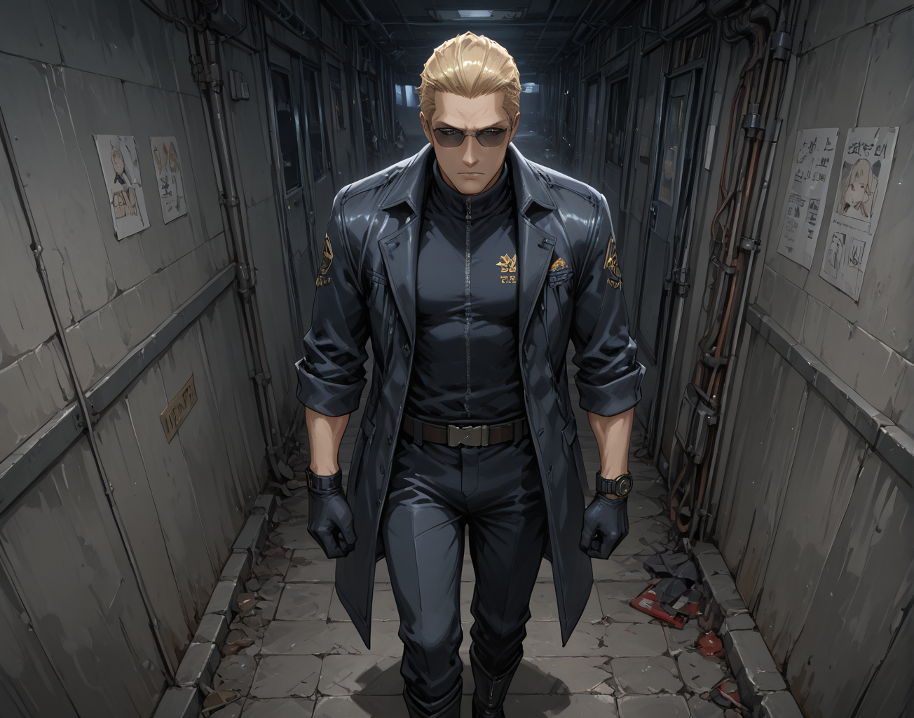 PonyScores7, source_anime, ah, 1IllustriousQual,
BREAK (Light Painting shot)
BREAK <lora:albertwesker-guy-PONYv1:0.8> albertwesker, 1boy, toned, athletic, fit, mature male,  angular face, sharp_featured face, handsome, charming, alluring, <lora:shinyskin2:0.2> glistening skin, AS-MidAged, <lora:shinyskin2:0.2> glistening skin
BREAK slicked back hair, short hair, blonde, <lora:hairdetailpxl:0.2> hairdetailpxl, 
BREAK slit pupils, orange eyes, <lora:expressive eyes:0.2> expressive eyes, <lora:eyedetailpxl:0.2> eyedetailpxl, <lora:Eyes_High_Definition:0.2> EyesHD
BREAK (A flick of his wrist and pearlescent feathers drift down, vanishing before they touch anything)
BREAK (Resuscitation Bay, Spacious area with specialized medical equipment, overhead lighting designed for surgical procedures, crash carts stocked with emergency medications, a defibrillator mounted on the wall, a central suction system for clearing airways)
BREAK focused, intense glare, apathetic, contemptuous,  <lora:Expressive_H:0.2> Expressiveh, looking at viewer, <lora:Emotional_Anime_Expressions_PonyXL_Concept:0.2> emotional, <lora:Best_Facial_Expression_LoRA_PONY:0.2>, <lora:expresionesv3Rank128:0.2> expresiones, <lora:Detailed expressive EXEV style -XL Pony V1.0:0.2> FaceDetail
BREAK (black gloves, watch, belt, black coat, black pants, black turtleneck, zipper,  black boots), (sunglasses:1.3), 
BREAK <lora:xl_more_art-full_v1:0.2>, <lora:aesthetic_anime_v1s:0.2>, <lora:EpicF4nta5yXL:0.2>, <lora:detailxl:0.2> detailxl, <lora:Fant5yP0ny:0.2>, best quality, amazing quality, best aesthetic, absurdres, illustration, Volumetric_Lighting, ultra-detailed, very aesthetic, intricate details, 8k, masterpiece, best_quality
BREAK Stable_Yogis_PDXL_Positives, AS-Adult, <lora:Complicated fantasy portrait - XL Pony V2.0:0.2>, bad-hands-5, <lora:HDA_Detailer:0.3>