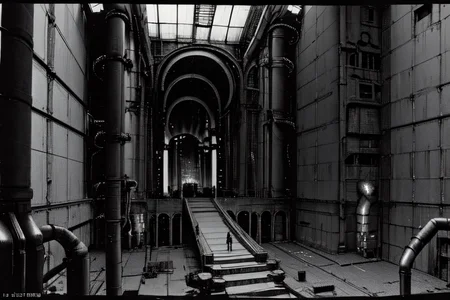 highly insanely detailed, masterpiece, top quality, best quality, highres, 4k, 8k, RAW photo, (very aesthetic, beautiful and aesthetic),
tsutomu nihei,nihei_tsutomu,blame!,blame gakuen!,abara,TNstyle,sidonia_no_kishi,(city ruins,tower,tunnel,sidonia \(ship\),megastructure in background,giant room,stairs,mausoleum,space,spacecraft,lab,deep horizon),wire,lantern,tentacles,cables,tubes,industrial pipes,light particles,dark sky,black sky,gauna,gauna mech,drainpipe,machinery,walkway,ventilation fan,ventilation shaft,star \(sky\),starry sky,dome,toha heavy industries,clouds,foggy,steam,smoke,fence,concrete walls,metal walls,open space,vast scenery,perspective,dystopia,destroyed,cyberpunk,flock,dark background,blm,biomachine,bioluminescence,
<lora:blamev2:0.7>,
(1girl:1.3),
solo focus,
in the evening,âââ