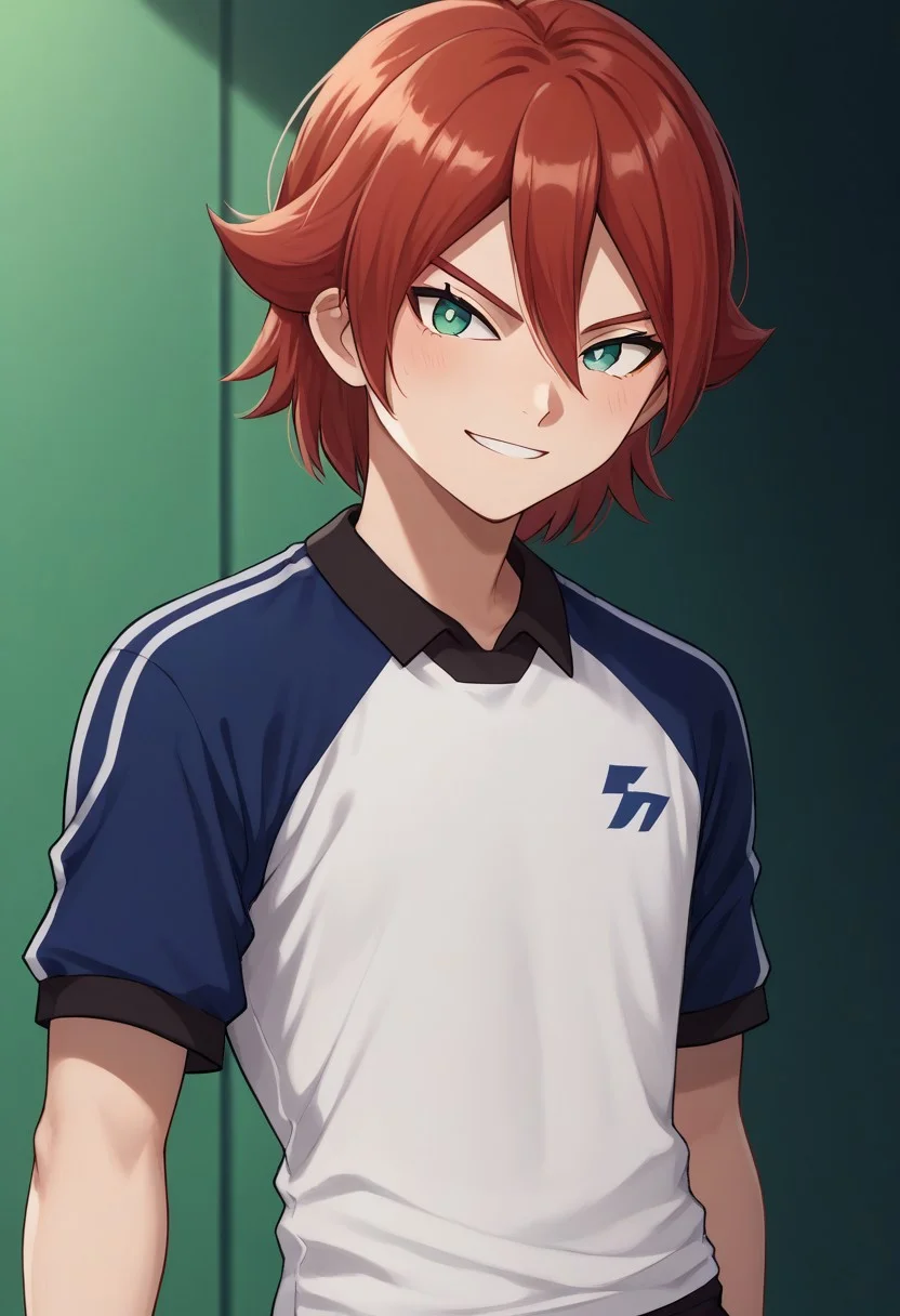 score_9, score_8_up, score_7_up, source_anime, highly detailed,
hiroto, 1boy, male focus, solo, red hair, hair between eyes, green eyes, sportwear, soccer uniform, alien soccer uniform, shorts sleeves, raglan sleeves, white shirt, black shirt, multicolored shirt, shorts, black shorts, upper body, smile, slender, skinny
outdoor,