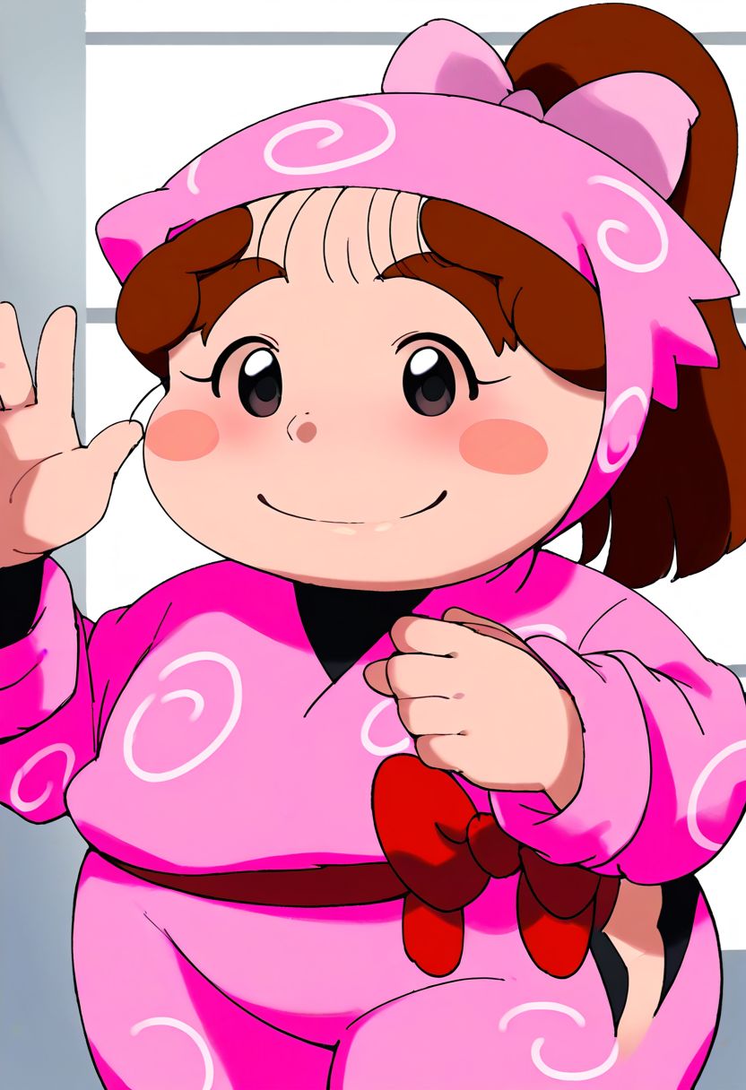 score_9, score_8_up, score_7_up, best quality, uncensored, source_anime,
BREAK
1girl, ookawashige, plump, pink hood, pink ribbon, brown hair, ponytail, thick eyebrows, black eyes, blush stickers, pink ninja, ookawashige outfit, black shoes,
little smile, standing, mugshot, looking at viewer, upper body, portrait, close-up face, facing viewer, indoors,
<lora:sdxl_lightning_8step_lora:1> <lora:ookawashige_XL(pony)fix:1>