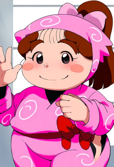 score_9, score_8_up, score_7_up, best quality, uncensored, source_anime,
BREAK
1girl, ookawashige, plump, pink hood, pink ribbon, brown hair, ponytail, thick eyebrows, black eyes, blush stickers, pink ninja, ookawashige outfit, black shoes,
little smile, standing, mugshot, looking at viewer, upper body, portrait, close-up face, facing viewer, indoors,
<lora:sdxl_lightning_8step_lora:1> <lora:ookawashige_XL(pony)fix:1>