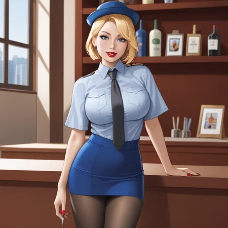 <lora:powergirl_pony_v1:0.8> powergirl, 1girl, large breasts, blonde hair,  blue eyes, short hair,lipstick,  makeup, nail polish, red nails, lips, cowboy shot, <lora:0820 tokisaki kurumi policewoman fan costume_v1_pony:1> ruanyi0820,black necktie,blue hat,blue shirt,blue skirt,black pantyhose,short sleeves,pencil skirt
