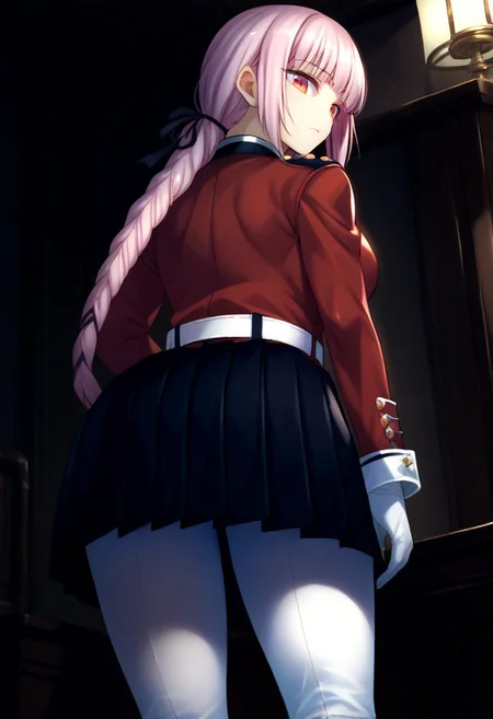 (zPDXL3),
(zPDXLxxx),
1girl,
solo,
nightingale, red eyes, light pink hair, long hair, blunt bangs, braid, low hair ring, black ribbon, hair ribbon,
military uniform, red jacket, belt, white gloves, black skirt, pleated skirt, white pantyhose, white knee boots,
back,
looking back,
medium shot,
from below,
from behind,