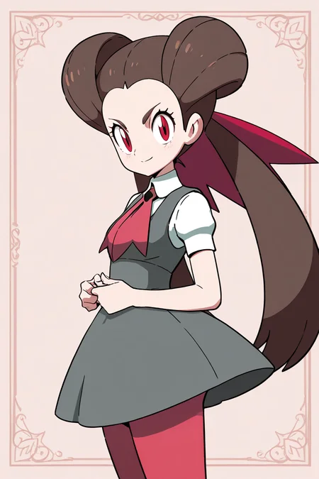 masterpiece, best quality, 1girl, solo, 21 year old model, eyelashes, (beautiful eyes), zzRoxanne, roxanne (pokemon), red eyes, long hair, brown hair, twintails, hair pulled back, pantyhose, ascot, grey dress, short sleeves, ribbon, shirt, hair ribbon, <lora:RoxannePokemonIXL:1.0>, upper body, side view, smile, looking at viewer, shiny skin,<lora:DiivesIXL:1.0>,
