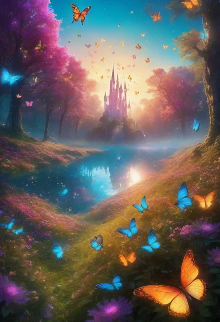 Magical Forest scenery,looking at the viewer, ultra realistic extremely detailed, meadow, castle crystal clear lake, trees, realistic highly detailed colorful field of flowers, (soft particles of fractal energy:1.3), depth of filed, (neon light particles:1.1), ultra-detailed,extremely delicate cute and beautiful,masterpiece,best quality, cinematic angle, cinematic lights, vibrant, vivid color,movie lens,movie special effects,detailed details,HDR,UHD,32K,concept art, magical scenery at daylight, (colorful butterflies:1.6), (full body:1.9), sharp focus, intricate details, iluminated by bright colors, (colorful flowers:1.3), (colorful particles:1.3), soft skin, (adorable look:1.8) (glowing tones:1.6),(glitter tones:1.2), beautiful