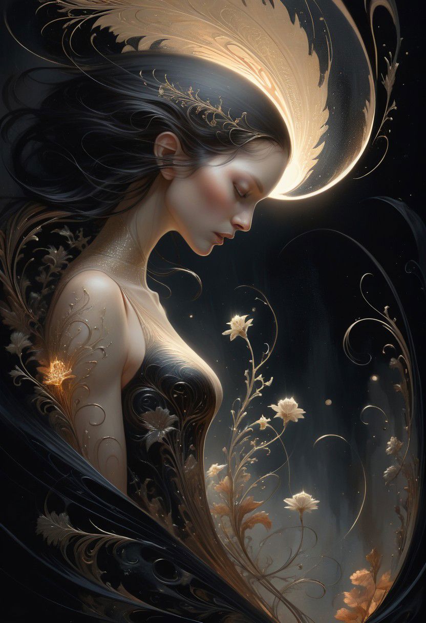 style of Aaron Horkey & Anne Bachelier fusion, Poster close-up, A delicate (tiny woman:0.8), illuminated by a (fast light void:1.5) revealing her intricate details and hidden beauty in a surreal landscape filled with (ethereal flora:1.2).