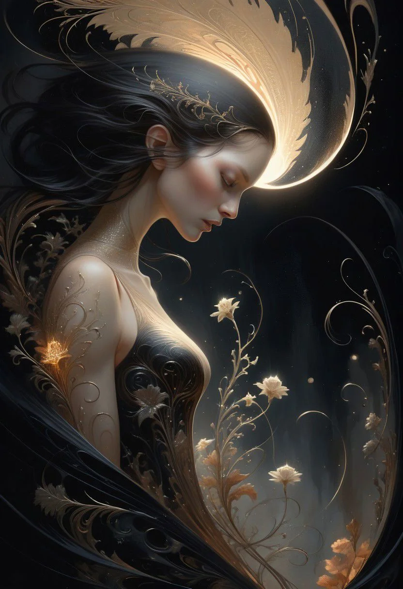 style of Aaron Horkey & Anne Bachelier fusion, Poster close-up, A delicate (tiny woman:0.8), illuminated by a (fast light void:1.5) revealing her intricate details and hidden beauty in a surreal landscape filled with (ethereal flora:1.2).