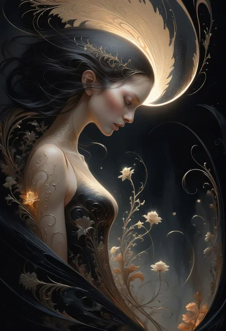 style of Aaron Horkey & Anne Bachelier fusion, Poster close-up, A delicate (tiny woman:0.8), illuminated by a (fast light void:1.5) revealing her intricate details and hidden beauty in a surreal landscape filled with (ethereal flora:1.2).