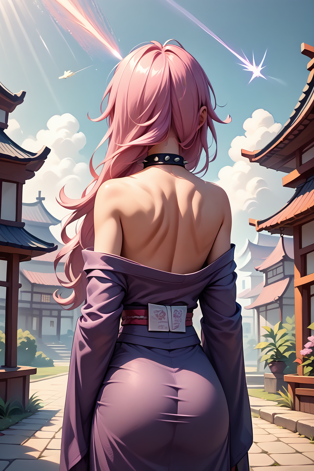 score_9, score_8_up, score_7_up, 1girl, solo, <lora:NSStylistTerraria:1> NSStylistTerraria, pink hair, long hair,  spiked collar, from behind, purple kimono, japanese buildings, outdoors, comet, bare shoulders