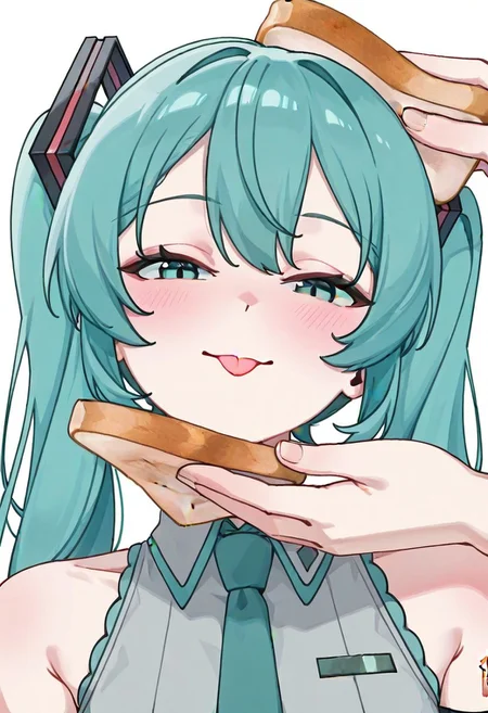 idiotsandwichalt,
1girl,1other, hatsune miku, solo focus,
holding food,
bread slice, pov hands,
upper body,
blush, smile, :p, tongue, tongue out, closed mouth,
white background, simple background,
looking at viewer, head tilt