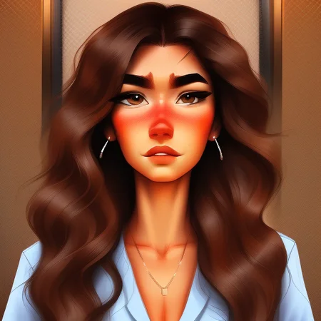 cottagecore of a nimble, wiry, Anxious Retail Clerk woman, Extensive, v-shaped eyebrows, with long wavy brown hair wearing romper , digital art, highly detailed, fine detail, intricate, outrun, vaporware