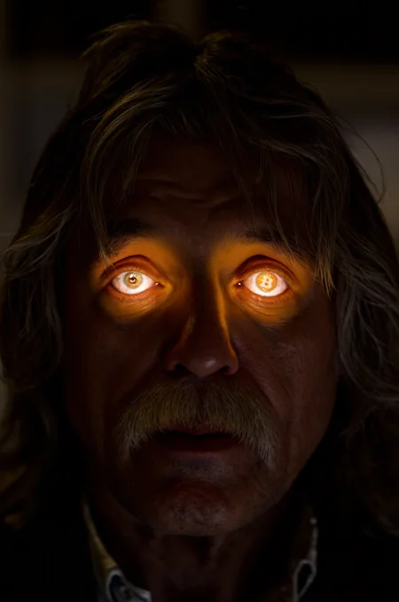 <lora:Johan Derksen:1.8> Johan Derksen, glowing eyes, bitcoin eyes, bitcoin symbol-shaped pupils,