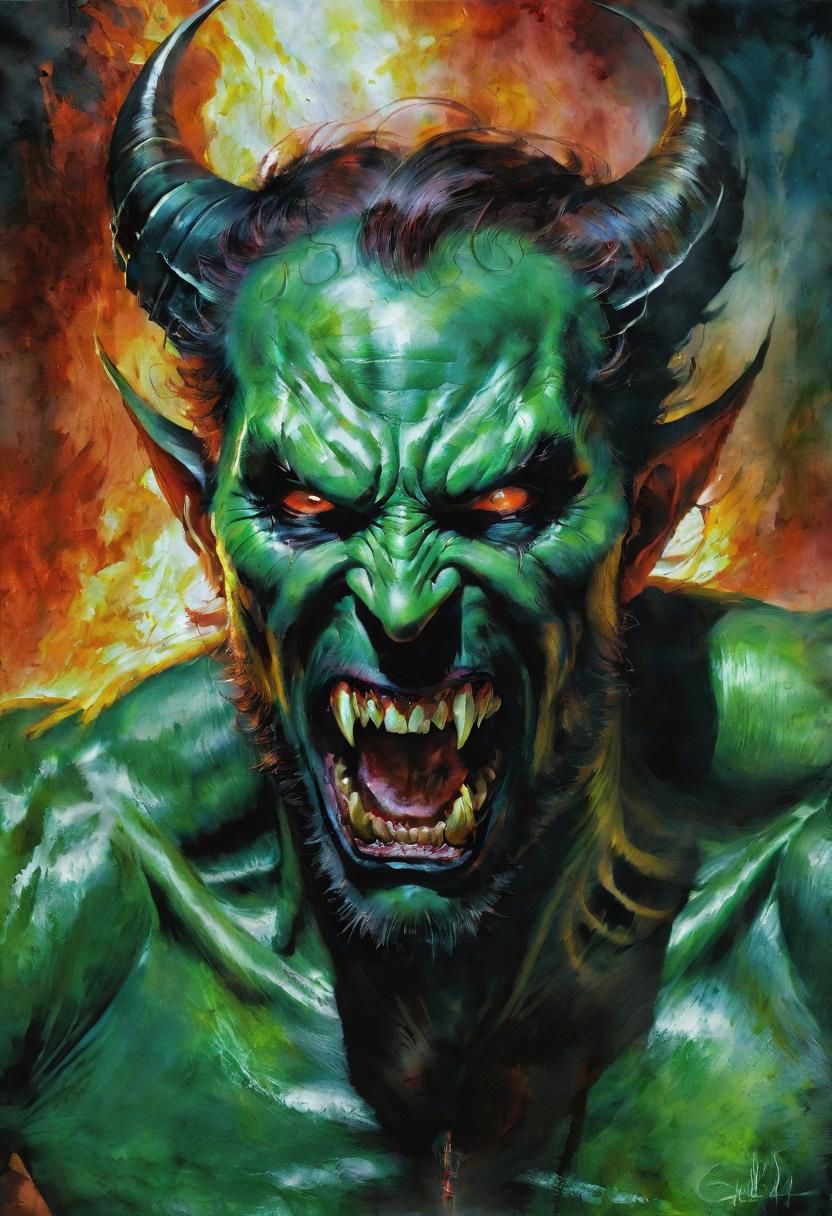 Close-up, demon, chaos, vicious and suffocating horror, darkness, irretrievably addictive and bewitching abyss of sinful hell, Style by Gabriele Dell'otto, AI Midjourney, bright saturated colors, watercolor, oil paints, HDR, 500px, 4k,