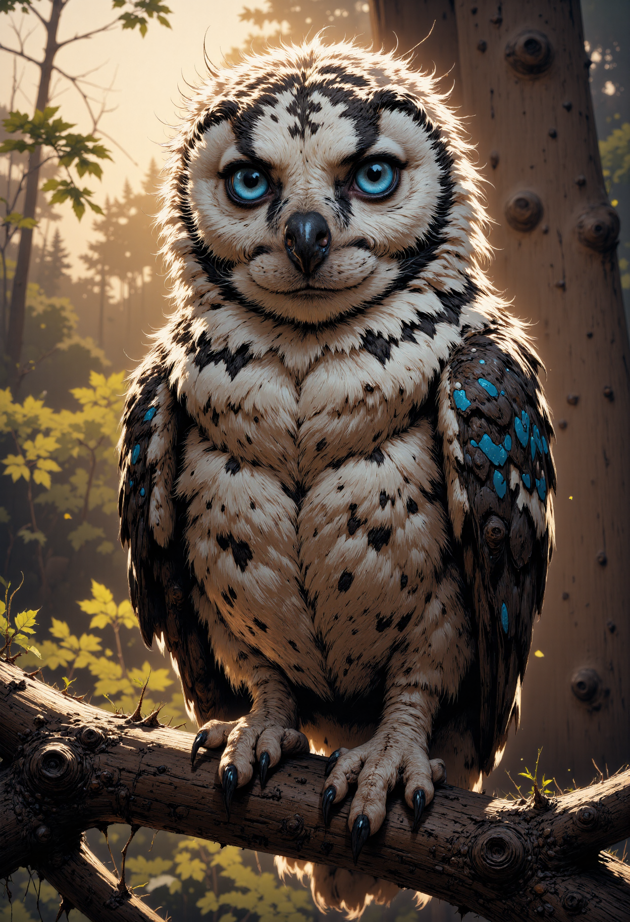 MysticComic, This exquisite image captures the mesmerizing gaze of a majestic Burrowing Owl (Athene cunicularia) perched on a gnarled branch. The camera's perspective is from directly below, showcasing the owl's striking features in stunning detail. Soft, warm light illuminates the scene, casting a gentle glow on the owl's feathers.  The owl's head is a masterpiece of texture and color. Its snow-white face is adorned with a distinctive black spot pattern, while its throat and chest display a vibrant orange-brown hue, gradating into a soft, creamy white on its belly. The wings, folded against its body, feature a striking blue sheen, with intricate orange and black markings that resemble a delicate, hand-painted design.  The owl's eyes, a piercing shade of blue, seem to hold a deep wisdom, as if gazing into the soul of the viewer. Its beak, a sharp, black hook, curves upwards in a gentle, enigmatic smile. The owl's claws, long and curved, grasp the branch with a delicate, almost human-like precision.  The branch itself, a twisted, brown twig, serves as a sturdy perch for the owl's majestic form. The background, a soft blur of green and brown, recedes into the distance, allowing the owl to take center stage in this captivating image. The photographer's skillful use of light and composition creates a sense of intimacy and connection with the subject, drawing the viewer into the owl's tranquil<lora:CustomFlux/MysticComic-v2.safetensors:1.0:1.0>