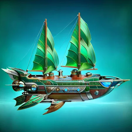 lumenarium, flying ship at space, big green sail like solar panels, stary sky, aether nebulas, realistic, wooden hull with metal elements, blue glowing energy sail:3 , silver metal, guns on board, hight tech, steampunk, wings like solar panels, tpship, metal plates, wooden boards, side view, ais-artdeco