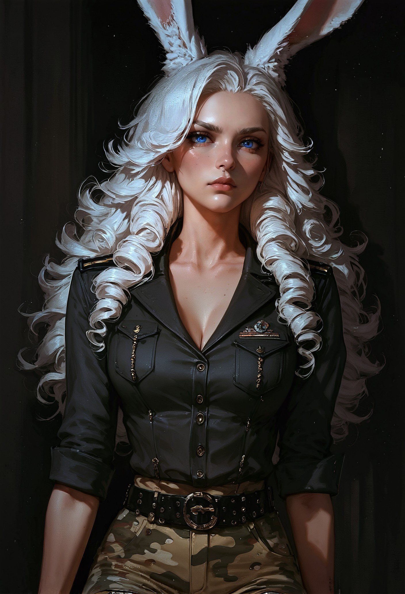 score_9, score_8_up, score_7_up,  1girl, silver hair, long hair, curly hair, in military uniform, viera, blue eyes, rabbit ears, camo shirt, camo shorts, black leather belt, (serious look:1.2), black theme, black background, holding combat knife  <lora:pony/twilight_style:0.8> concept art, realistic  <lora:pony/expressiveh:0.8> expressiveH <lora:sdxl/sinfully_stylish_sdxl>