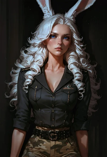 score_9, score_8_up, score_7_up,  1girl, silver hair, long hair, curly hair, in military uniform, viera, blue eyes, rabbit ears, camo shirt, camo shorts, black leather belt, (serious look:1.2), black theme, black background, holding combat knife  <lora:pony/twilight_style:0.8> concept art, realistic  <lora:pony/expressiveh:0.8> expressiveH <lora:sdxl/sinfully_stylish_sdxl>