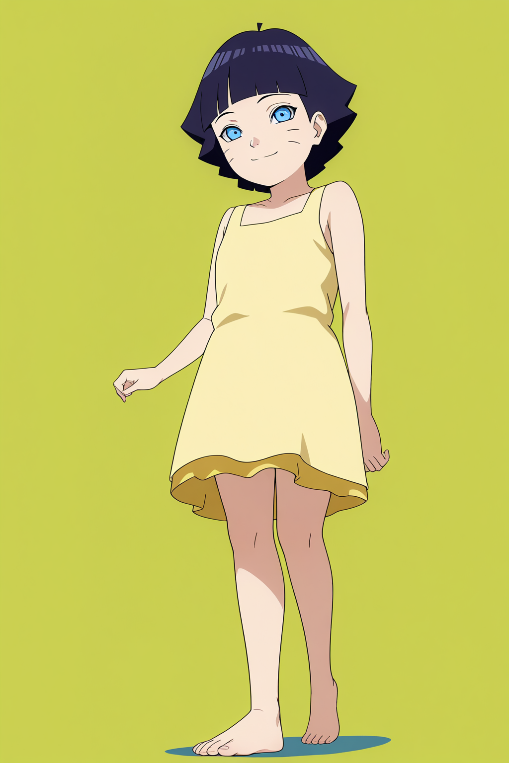 sharp focus, pixiv masterpiece, source_anime, score_9, score_8_up,  score_7_up, score_6_up, absurd res, BREAK
<lora:Himawari_Uzumaki_IL_v1-000012:0.9>, 1girl, solo, dark_blue_hair, short_hair, uzumaki_himawar1_illu, faint smile, yellow dress, full body, from below, <lora:foot focusv1.1:0.8>, feet, toes, foot, barefoot, standing