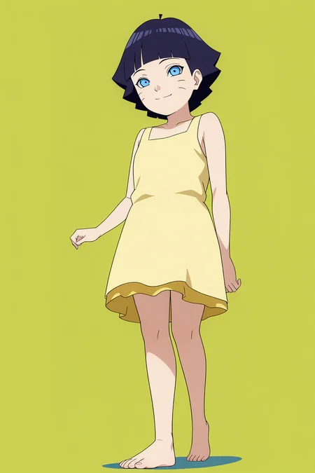 sharp focus, pixiv masterpiece, source_anime, score_9, score_8_up, score_7_up, score_6_up, absurd res, BREAK
<lora:Himawari_Uzumaki_IL_v1-000012:0.9>, 1girl, solo, dark_blue_hair, short_hair, uzumaki_himawar1_illu, faint smile, yellow dress, full body, from below, <lora:foot focusv1.1:0.8>, feet, toes, foot, barefoot, standing