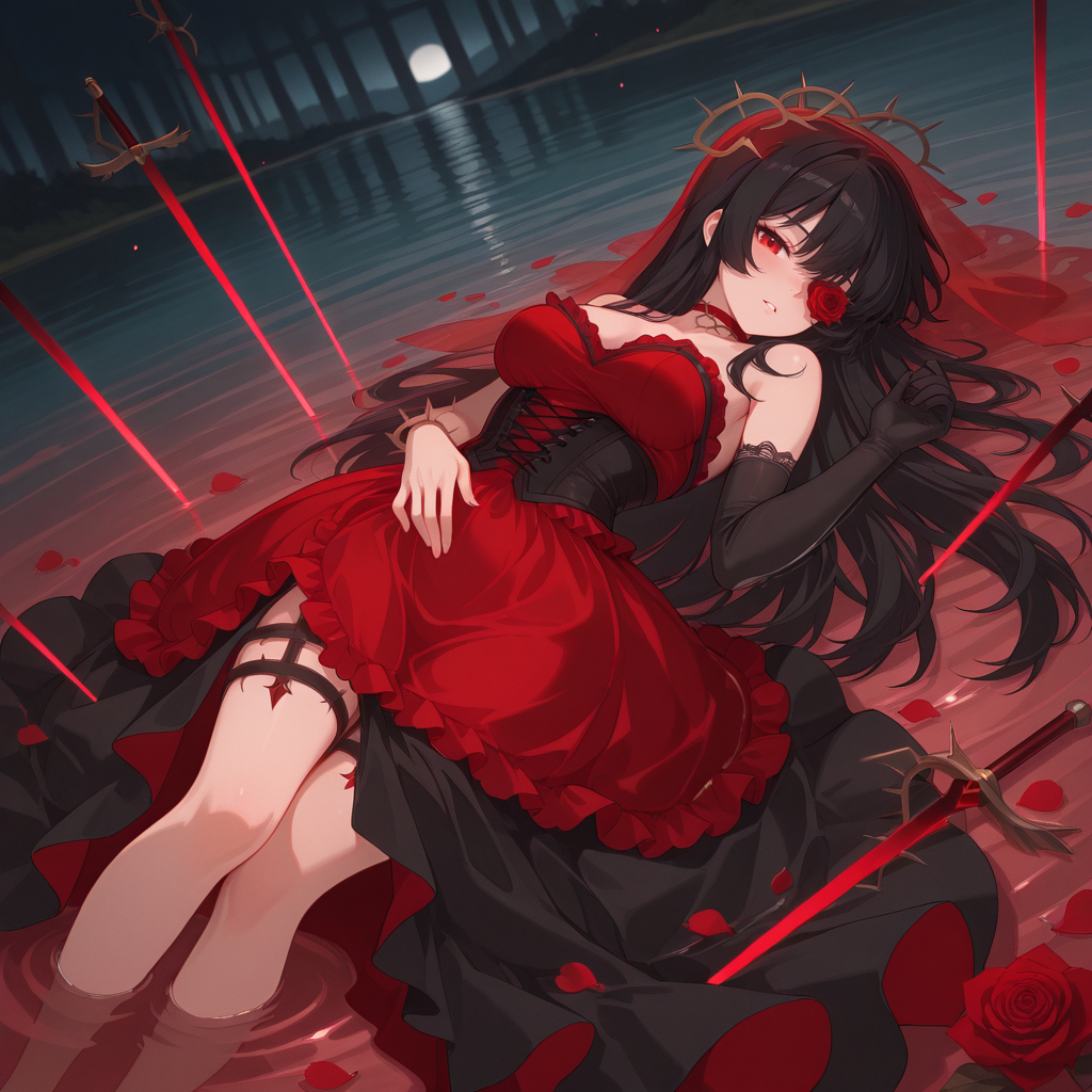 ((ultra-HD, intricate textures, luminous lighting, cinematic ambiance, shimmering gradients, ethereal glow, deep contrast, soft volumetric fog, subtle particles, radiant reflections, rich color tones, seductive atmosphere, captivating sensuality, Cinematic Lighting,Shadow,backlit, backlighting)), udr, 8k, uhd, 
<lora:sk-rosadame_evelyn-v1x1-10:0.7> sk-revelyn, 1girl, black hair, red eyes, red choker, crown_of_thorns, flower over eye, red bridal_veil, torn veil, see-through bridal veil
, black corset_dress, (red short_dress), ((black) high-low skirt), ((crinoline) (under clothes)), black elbow gloves, single glove, bare shoulders, petal_dress
, lying, dutch angle, parted lips, field_of_blades, lying_on_water, lake, falling petals, falling rose, water, partially submerged,