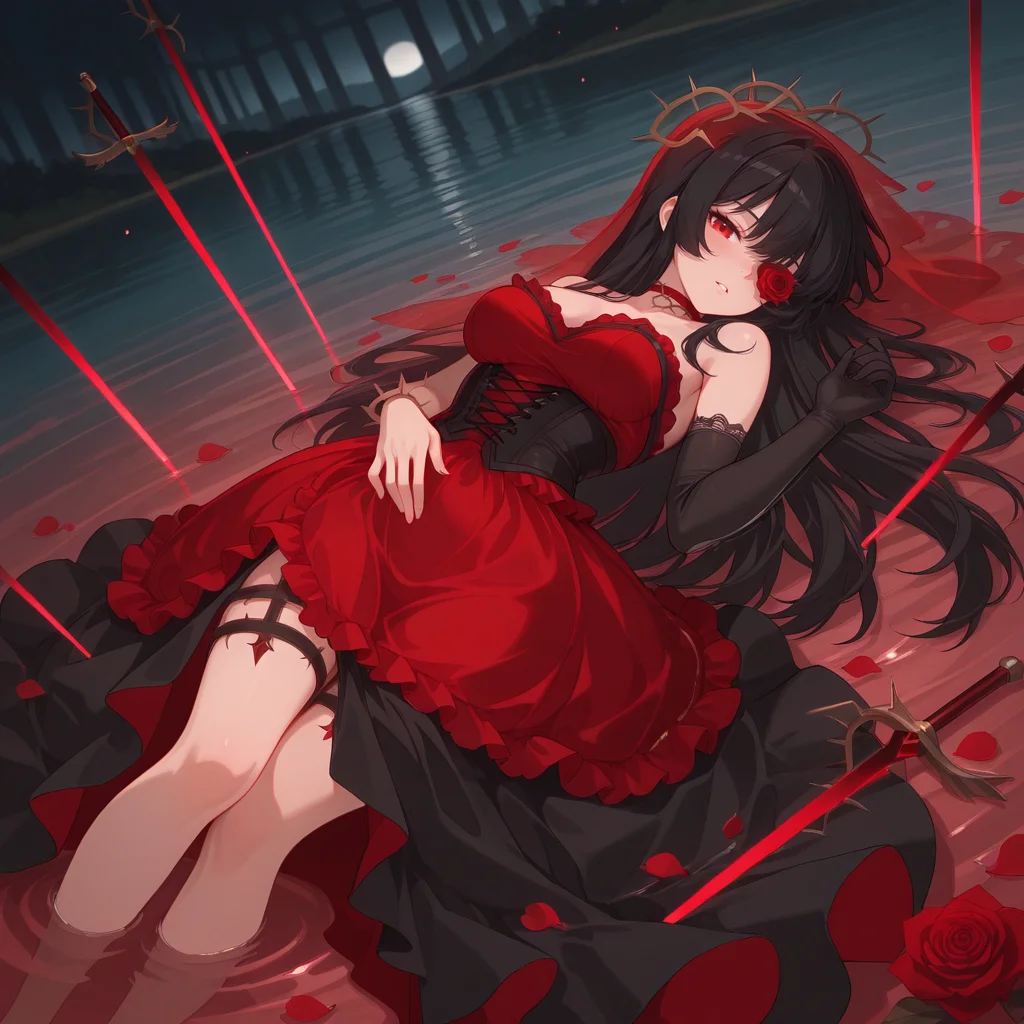 ((ultra-HD, intricate textures, luminous lighting, cinematic ambiance, shimmering gradients, ethereal glow, deep contrast, soft volumetric fog, subtle particles, radiant reflections, rich color tones, seductive atmosphere, captivating sensuality, Cinematic Lighting,Shadow,backlit, backlighting)), udr, 8k, uhd, 
<lora:sk-rosadame_evelyn-v1x1-10:0.7> sk-revelyn, 1girl, black hair, red eyes, red choker, crown_of_thorns, flower over eye, red bridal_veil, torn veil, see-through bridal veil
, black corset_dress, (red short_dress), ((black) high-low skirt), ((crinoline) (under clothes)), black elbow gloves, single glove, bare shoulders, petal_dress
, lying, dutch angle, parted lips, field_of_blades, lying_on_water, lake, falling petals, falling rose, water, partially submerged,