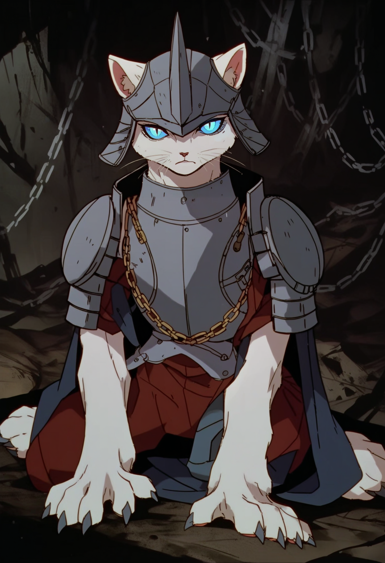 score_9, score_8_up, score_7_up, score_6_up, score_5_up, score_4_up,
<lora:BerserkV5:1> berserk,
solo, looking at viewer, blue eyes, closed mouth, sitting, full body, horns, armor, no humans, animal, chain, cat, helmet, slit pupils, shoulder armor, claws, glowing eyes, colored sclera, pauldrons, fake horns, animal focus, white fur, japanese armor, whiskers, sode, cave, clothed animal, horned helmet, blue sclera, kabuto (helmet)