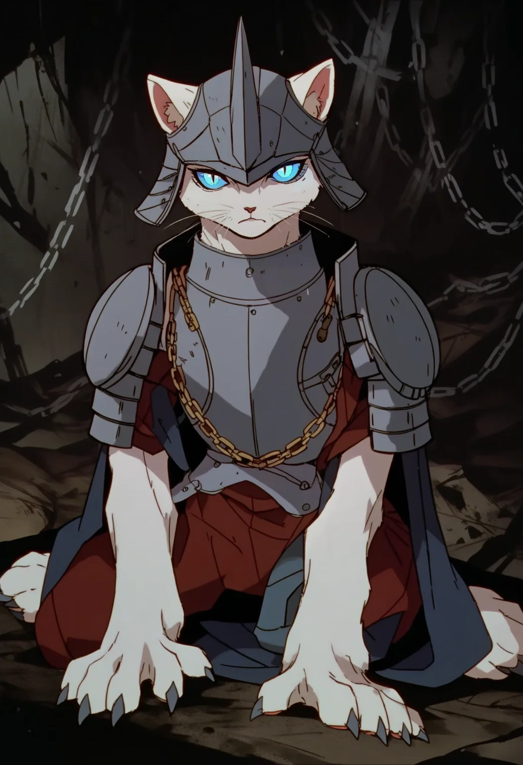 score_9, score_8_up, score_7_up, score_6_up, score_5_up, score_4_up,
<lora:BerserkV5:1> berserk,
solo, looking at viewer, blue eyes, closed mouth, sitting, full body, horns, armor, no humans, animal, chain, cat, helmet, slit pupils, shoulder armor, claws, glowing eyes, colored sclera, pauldrons, fake horns, animal focus, white fur, japanese armor, whiskers, sode, cave, clothed animal, horned helmet, blue sclera, kabuto (helmet)