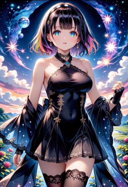 score_9, score_8_up, score_7_up, 1girl, solo, HimenoMP, scenery, (big breasts:0.8). (wide thighs:1.1), (wide hips:1.1), (mature woman:1.1), (detailed eyes, Eyes in high definition, eyes with a lot of detail), (best quality:1.4), a close up of a woman with colorful hair, anime girl with cosmic hair, rossdraws pastel vibrant, artwork in the style of guweiz, fantasy art style, colorful, vibrant fantasy style, rossdraws cartoon vibrant, cosmic and colorful, guweiz, colorfull digital fantasy art, stunning art style, beautiful anime style, black thighhighs, fingerless gloves, black detached sleeeves, wide sleeves, bare shoulders, halterneck, sleeveless dress, black skirt, black dress, black choker, blue veil, hairband, calover