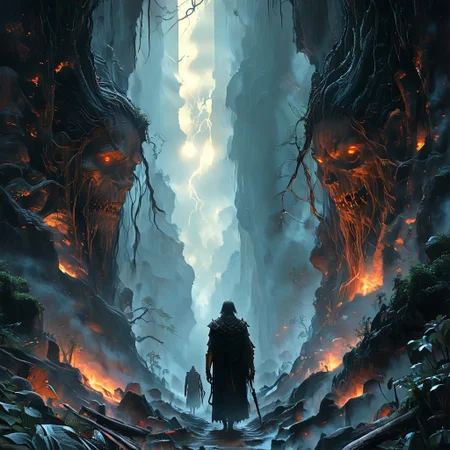 A haunting, ethereal scene set in the valley of shadows, where ancient, twisted trees loom over a narrow path shrouded in mist. Dark silhouettes of figures walk through the eerie landscape, their expressions determined yet solemn. Above them, the pale light of the moon casts long shadows on the ground, adding an ominous glow to the valley. Whispers of lost souls seem to swirl around them as they move forward, seeking solace in the darkness. In the distance, faint rays of light from the rising sun break through the fog, symbolizing hope and guidance. The trees are ancient, their gnarled branches reaching toward the sky like skeletal fingers. In the heart of this abyss, there’s a faint glow, representing inner strength, as the figures step forward, leaving the shadows behind. The scene captures the tension between fear and hope, with elements of darkness, light, and mystery blending together in a visually powerful moment