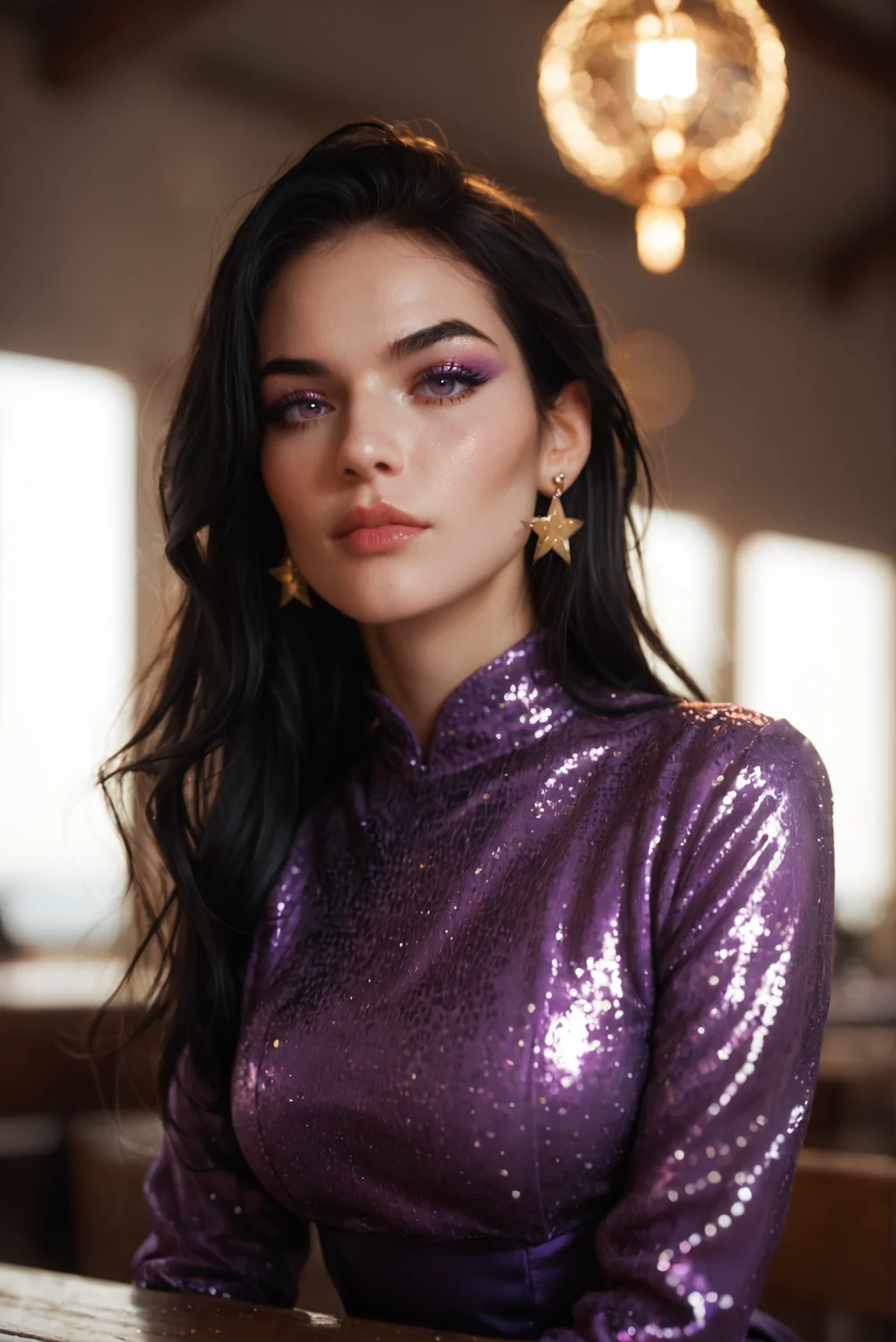 <lora:entj_v1:0.5> entj_v1, 1girl,
long hair, black hair, hair behind ear,
purple eyes,
pale skin,
breasts, medium breasts,
earrings,
purple dress ,long sleeves,
makeup,, score_9, score_8_up, score_7_up, solo,
Stocking decorated with sequins and holiday motifs, Golden stars hanging from the ceiling, sitting on the bench
blur censor, blurry, blurry background, blurry foreground, bokeh, motion blur,
chromatic aberration, depth of field, figure, focused, focus