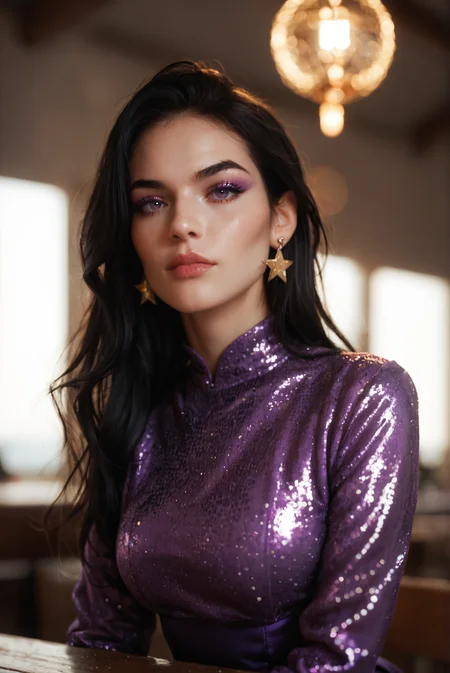 <lora:entj_v1:0.5> entj_v1, 1girl,
long hair, black hair, hair behind ear,
purple eyes,
pale skin,
breasts, medium breasts,
earrings,
purple dress ,long sleeves,
makeup,, score_9, score_8_up, score_7_up, solo,
Stocking decorated with sequins and holiday motifs, Golden stars hanging from the ceiling, sitting on the bench
blur censor, blurry, blurry background, blurry foreground, bokeh, motion blur,
chromatic aberration, depth of field, figure, focused, focus