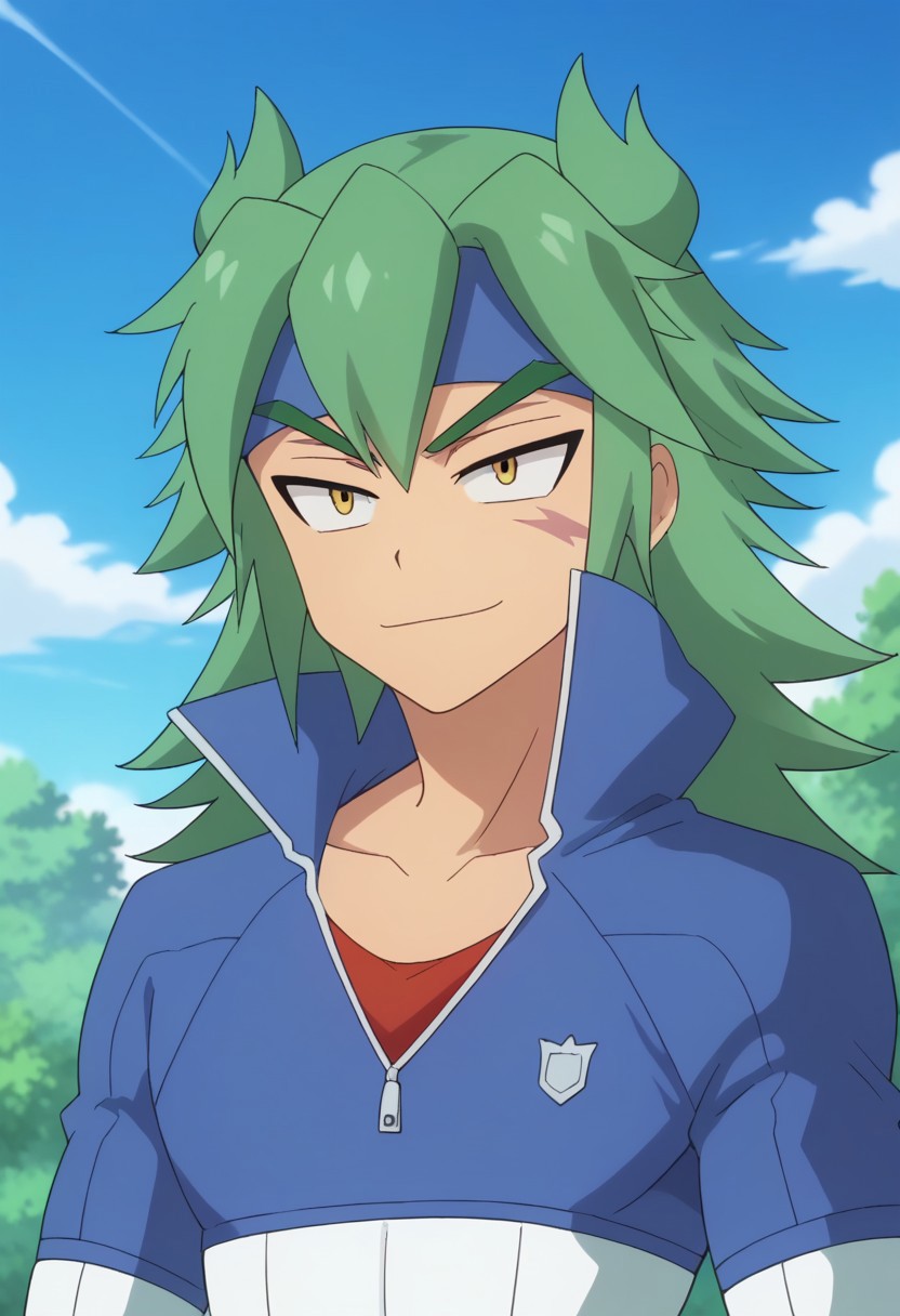 score_9, score_8_up, score_7_up, source_anime, highly detailed, 
masato, 1boy, male focus, solo, yellow eyes, green hair, long hair, headband, blue headband, scar, shirt, red shirt, jacket, high collar, blue jacket, white jacket, multicolored jacket, upper body, smile,
outdoor, sky, cloud, tree