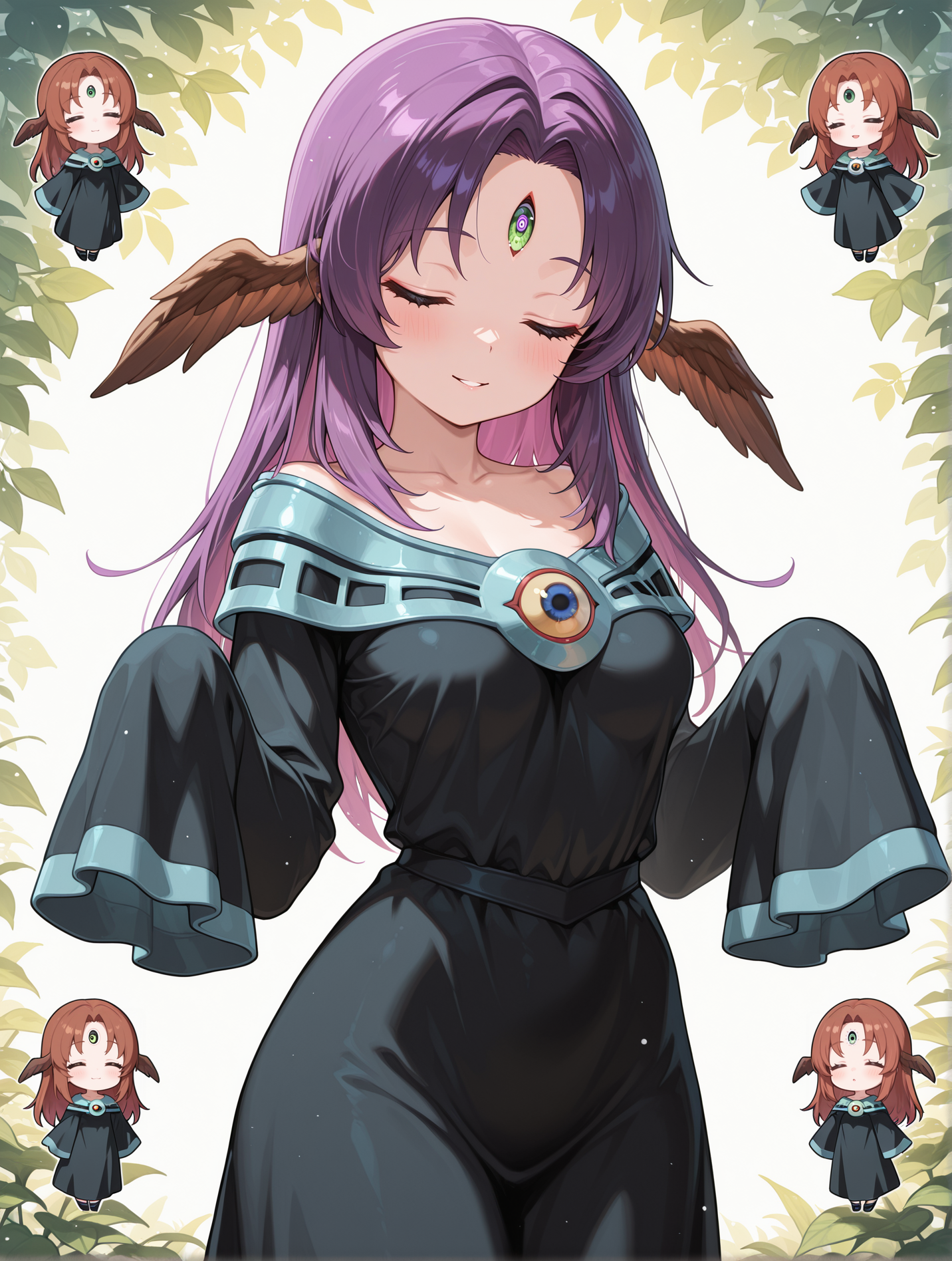 witch of the black forest, 1girl, chibi, solo, closed eyes, smile, green third eye, black long dress, brown head wings, blush, medium breasts, parted lips, collarbone, sleeves past fingers,
masterpiece,best quality,amazing quality,very aesthetic,absurdres,newest,<lora:Witch of the Black Forest illusXL v1.4:0.7>,