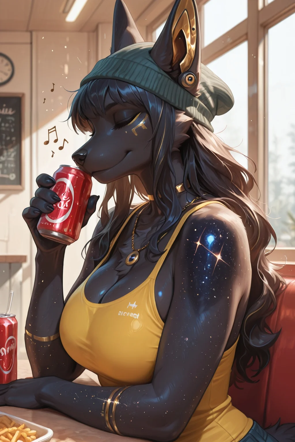 best quality, masterpiece,Realistic, depth of field, ambient occlusion,cosmic-jackal ,
masterpiece, best quality, amazing quality, very aesthetic, detailed, solo ,big breasts,cleopatra hair , female furry,black skin,colored skin, cosmic body , long hair, gold jackal ears, detailed fur, fluffy fur and tail, closed_eyes, snout, tail, smile, hand_on_earpod, detailed hair, wavy hair, sidelocks, chest tuft, sexy athletic body, medium breasts, sexy tanktop, beanie, wireless_earpods, necklace, upper_body, sitting, holding_sparkling_soda_can, straw, musical_notes, indoors, diner, window, side view,
<lora:cosmic-jackal2:1.0>