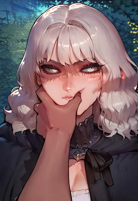 anime artwork, score_9, score_8_up, score_7_up, score_6_up, score_5_up, drowsinue, grey corset, grey cape, white shirt, black right arm, armor, white hair, wavy hair, medium hair, ((grey skin)), white eyes, masterpiece, best quality, serious, score_9, score_8_up, score_7_up, source_anime, close up, <lora:Floox_Style:1>, detailed eyes, detailed hair, povcheekgrabbing, solo focus, hand on another's face, white hand on face, pale hand,