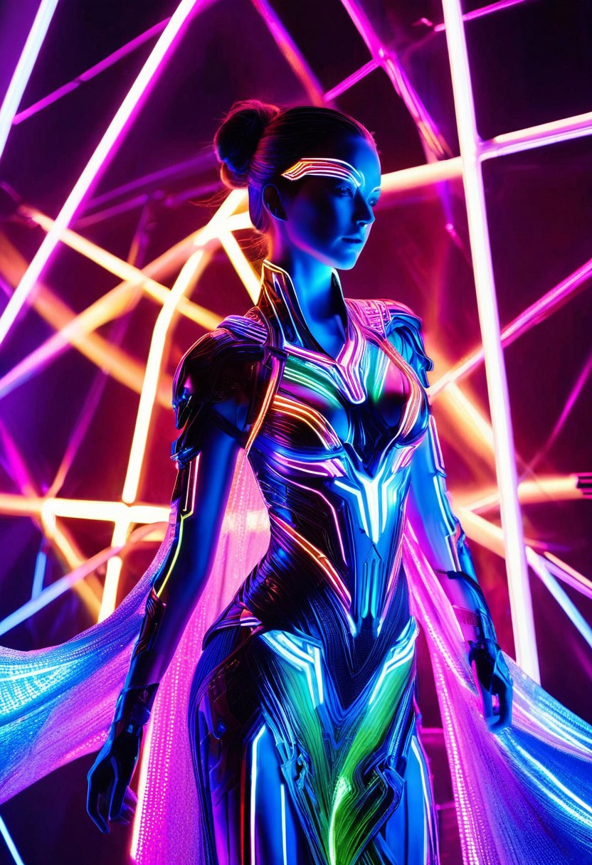 A hyper-realistic depiction of a lone girl, focusing on her upper body, adorned in an LED-inspired outfit that shimmers with a mesmerizing array of colors. The ensemble is intricately detailed, with circuits and microchips visible under a translucent, neon-lit fabric. Soft, ethereal lighting accentuates the subject's serene expression, set against a dark, gradient background that transitions from deep blues to purples, evoking a sense of futuristic elegance. The camera captures her from a slightly elevated angle, emphasizing the innovative, high-tech fashion that encapsulates her form, reminiscent of a digital painting with ultra-detailed textures and a vibrant, cyberpunk aesthetic.