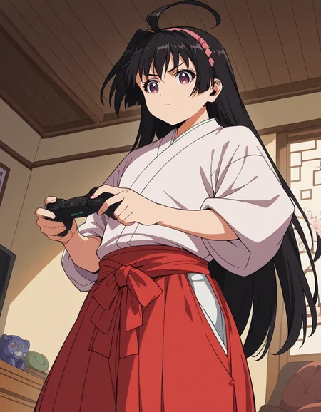 score_9, score_8_up, score_7_up, source_anime, <lora:ayako-mochizuki-s1-ponyxl-lora-nochekaiser:1>, ayako mochizuki, long hair, black hair, purple eyes, ahoge, hairband,, skirt, japanese clothes, hakama, miko, red hakama,, living room, video game, controller, competitive, fun, afternoon, , , from below, solo,, cowboy shot, dutch angle