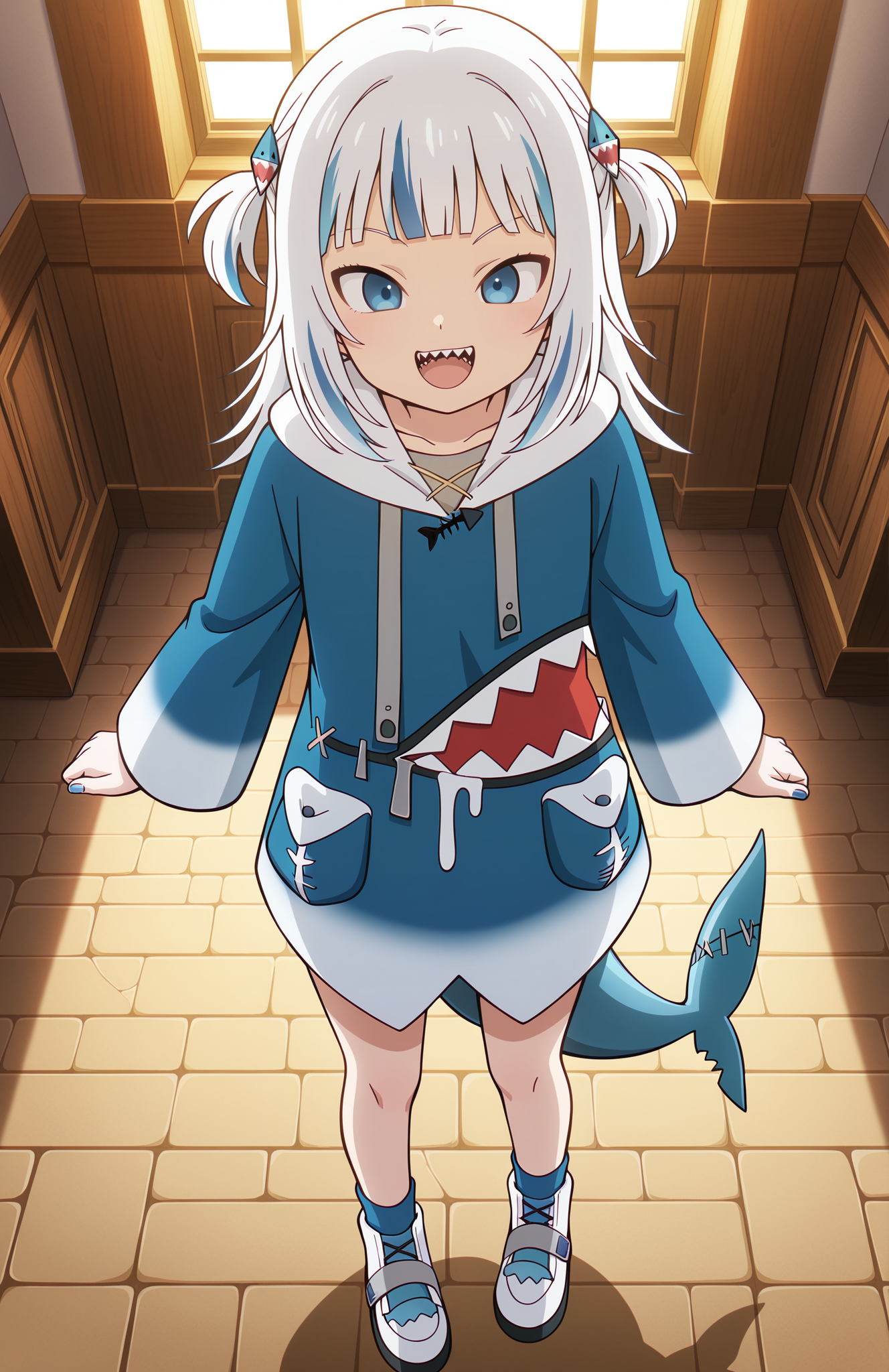 <lora:Daima_v4:1> dbdaima, solo, lazypos, anime screenshot,
1girl, gawr gura, gawr gura \(1st costume\), white hair, blue streaks, blue eyes, petite, blue socks, white footwear, blue nails, sharp teeth, :d