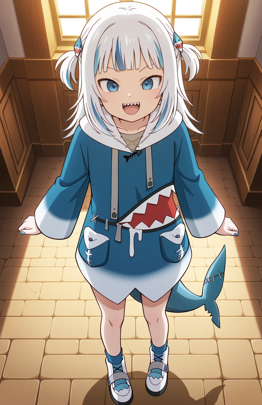 <lora:Daima_v4:1> dbdaima, solo, lazypos, anime screenshot,
1girl, gawr gura, gawr gura \(1st costume\), white hair, blue streaks, blue eyes, petite, blue socks, white footwear, blue nails, sharp teeth, :d
