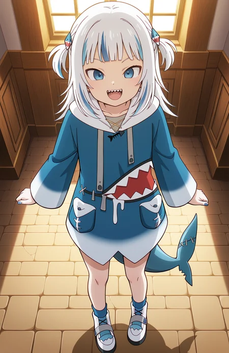 <lora:Daima_v4:1> dbdaima, solo, lazypos, anime screenshot,
1girl, gawr gura, gawr gura \(1st costume\), white hair, blue streaks, blue eyes, petite, blue socks, white footwear, blue nails, sharp teeth, :d
