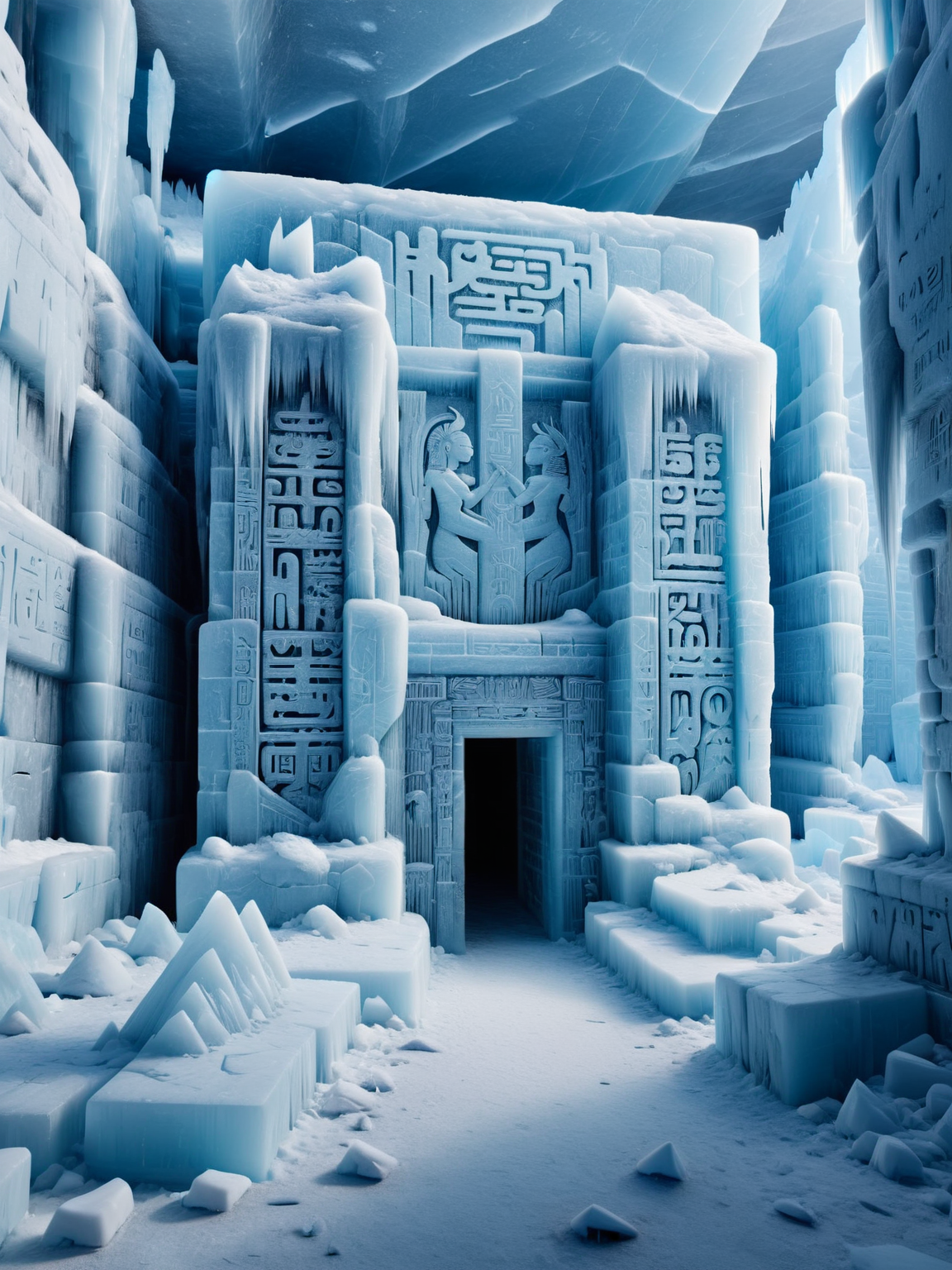 An otherworldly ais-icebaby ice palace hidden deep within a glacier, its ais-icebaby walls adorned with ancient ais-icebaby hieroglyphs.<lora:Ice_Style_SDXL:1>