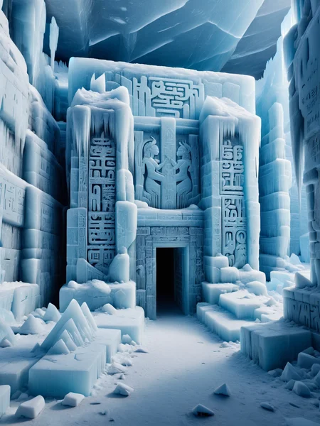 An otherworldly ais-icebaby ice palace hidden deep within a glacier, its ais-icebaby walls adorned with ancient ais-icebaby hieroglyphs.<lora:Ice_Style_SDXL:1>