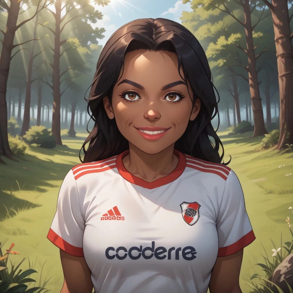 score_9, score_8, BREAK, solo, wii, mii, wii sports, 1girl, female mii, brown eyes, black hair, black eyebrows, lips, dark skin, RiverPlate, striped shirt, striped, shirt, white shirt, short sleeves, clothes writing, sportswear, soccer uniform, nintendo mii, modern_mii, classic_mii, breasts, Maria_(Wii_Sports), dark skin female, sexy pose, self portrait, smile, looking at viewer, outdoors, sunlight, shadows, evening lighting, natural lighting, forest, trees, grass, orange sky, sunset