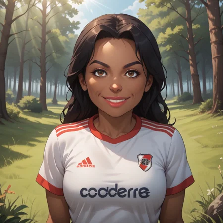 score_9, score_8, BREAK, solo, wii, mii, wii sports, 1girl, female mii, brown eyes, black hair, black eyebrows, lips, dark skin, RiverPlate, striped shirt, striped, shirt, white shirt, short sleeves, clothes writing, sportswear, soccer uniform, nintendo mii, modern_mii, classic_mii, breasts, Maria_(Wii_Sports), dark skin female, sexy pose, self portrait, smile, looking at viewer, outdoors, sunlight, shadows, evening lighting, natural lighting, forest, trees, grass, orange sky, sunset