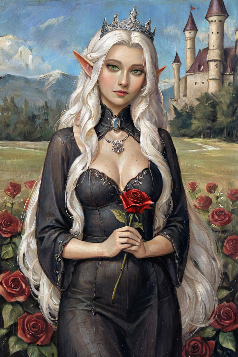 masterpiece, best quality, highres, newest, gothic art, traditional media, realistic, 1girl, solo, mature female, elf, pointy ears, breasts, long hair, very long hair, white hair, green eyes, portrait, looking at viewer, medium breasts, high collar, long dress, black dress, crown, silver crown, holding, holding flower, rose, red rose, necklace, jewelry, closed mouth, cowboy shot, standing, outdoors, castle <lora:Gothic Art [LoRA] - NoobAI-XL EPS 1.0:0.8>
