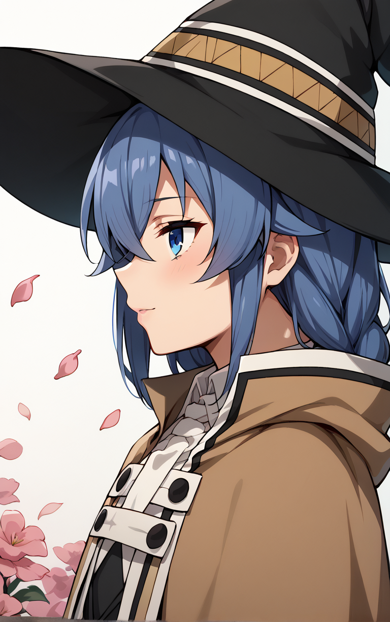 score_9, score_8_up, score_7_up, BREAK
MainOutfit_RoxyMigurdia_ownwaifu, 
1girl, blue eyes, blue hair, mage staff, roxy migurdia, wizard hat, long hair, witch hat, hair between eyes, black headwear, braid, brown cape, crossed bangs, twin braids, bangs, long sleeves, white shirt, collared shirt, dress, capelet, shirt, cloak, black skirt, brown capelet,
(profile, portrait, round image), falling petals, red petals, wall,  <lora:PONYXL_MushokuTensei_RoxyMigurdia_ownwaifu:0.85>, solo,