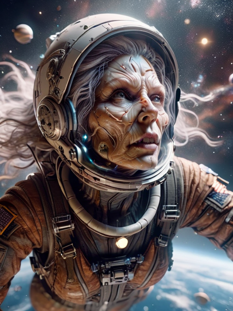 a surreal scene of a female ral-wtchz astronaut floating in space, with planets and stars also in ral-fittingfoam, dynamic, cinematic, masterpiece, intricate. Cyber aesthetic <lora:ral-wtchz:0.8>