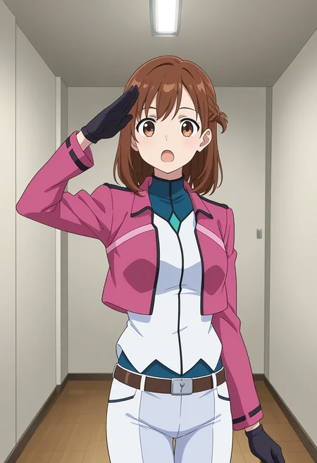 cbuniform, uniform, magenta cropped jacket, long sleeves, two-tone shirt, belt, white pants, two-tone pants, 1girl, brown hair, medium hair, braided half updo, black gloves, indoors, open mouth, salute, cowboy shot, standing, straight-on,