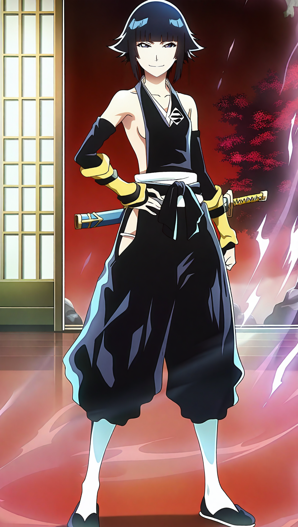 source_anime, masterpiece, best quality, amazing quality, anime screencap, high quality, 8k, absurdres, official style, indoors, Japanese building, <lora:Soifon_TYBW_iL2:0.9>, soifon, blue eyes, black pupils, short hair, black hair, short hair with long locks, bangs, blunt bangs, soul reaper outfit, detached sleeves, sleeveless, japanese clothes, pants, bare shoulders, haori, black kimono, socks, white and black socks, slippers, black slippers, puffy pants, collarbone, sideboob, hand on hip, small breasts, looking at viewer, smile,